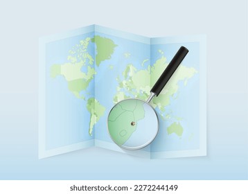 A folded world map with a magnifying lens pointing towards Swaziland. Map and flag of Italy in loupe. Vector illustration in blue color tone.