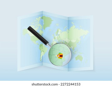 A folded world map with a magnifying lens pointing towards Zimbabwe. Map and flag of Italy in loupe. Vector illustration in blue color tone.