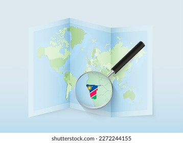 A folded world map with a magnifying lens pointing towards Namibia. Map and flag of Italy in loupe. Vector illustration in blue color tone.