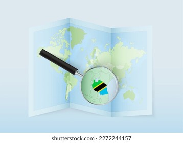 A folded world map with a magnifying lens pointing towards Tanzania. Map and flag of Italy in loupe. Vector illustration in blue color tone.