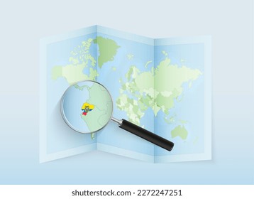 A folded world map with a magnifying lens pointing towards Ecuador. Map and flag of Italy in loupe. Vector illustration in blue color tone.