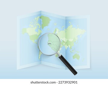 A folded world map with a magnifying lens pointing towards Gambia. Map and flag of Italy in loupe. Vector illustration in blue color tone.