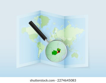 A folded world map with a magnifying lens pointing towards Zambia. Map and flag of Italy in loupe. Vector illustration in blue color tone.