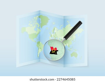 A folded world map with a magnifying lens pointing towards Angola. Map and flag of Italy in loupe. Vector illustration in blue color tone.