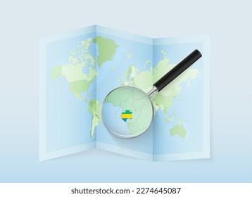 A folded world map with a magnifying lens pointing towards Gabon. Map and flag of Italy in loupe. Vector illustration in blue color tone.