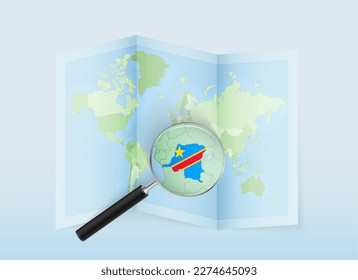 A folded world map with a magnifying lens pointing towards DR Congo. Map and flag of Italy in loupe. Vector illustration in blue color tone.