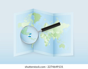 A folded world map with a magnifying lens pointing towards Nicaragua. Map and flag of Italy in loupe. Vector illustration in blue color tone.