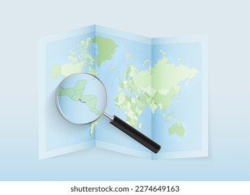 A folded world map with a magnifying lens pointing towards El Salvador. Map and flag of Italy in loupe. Vector illustration in blue color tone.