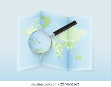 A folded world map with a magnifying lens pointing towards Dominican Republic. Map and flag of Italy in loupe. Vector illustration in blue color tone.