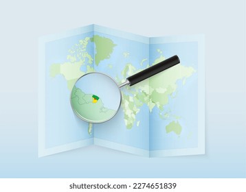 A folded world map with a magnifying lens pointing towards French Guiana. Map and flag of Italy in loupe. Vector illustration in blue color tone.
