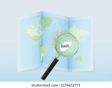 A folded world map with a magnifying lens pointing towards Afghanistan. Map and flag of Italy in loupe. Vector illustration in blue color tone.