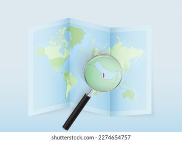 A folded world map with a magnifying lens pointing towards Qatar. Map and flag of Italy in loupe. Vector illustration in blue color tone.