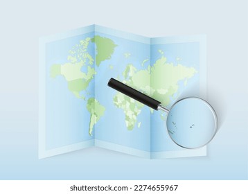 A folded world map with a magnifying lens pointing towards Fiji. Map and flag of Italy in loupe. Vector illustration in blue color tone.