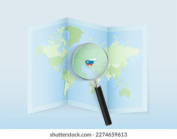 A folded world map with a magnifying lens pointing towards Slovenia. Map and flag of Italy in loupe. Vector illustration in blue color tone.