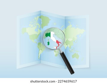 Eine gefaltete Weltkarte mit einer Vergrößerungslinse, die auf Italien zeigt. Karte und Flagge von Italien in Loupe. Vektorgrafik in blauem Farbton.