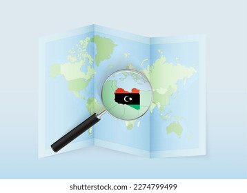 A folded world map with a magnifying lens pointing towards Libya. Map and flag of Italy in loupe. Vector illustration in blue color tone.