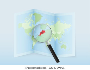 A folded world map with a magnifying lens pointing towards Morocco. Map and flag of Italy in loupe. Vector illustration in blue color tone.