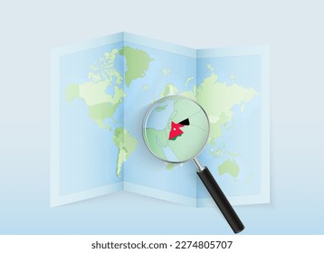 A folded world map with a magnifying lens pointing towards Jordan. Map and flag of Italy in loupe. Vector illustration in blue color tone.