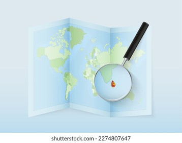 A folded world map with a magnifying lens pointing towards Sri Lanka. Map and flag of Italy in loupe. Vector illustration in blue color tone.