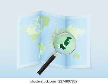 A folded world map with a magnifying lens pointing towards Pakistan. Map and flag of Italy in loupe. Vector illustration in blue color tone.