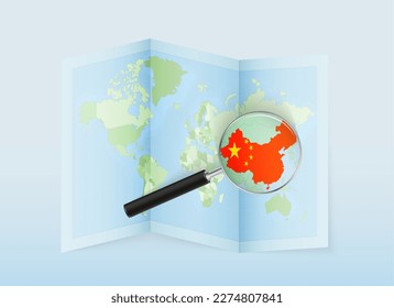 A folded world map with a magnifying lens pointing towards China. Map and flag of Italy in loupe. Vector illustration in blue color tone.