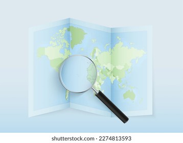 A folded world map with a magnifying lens pointing towards Cape Verde. Map and flag of Italy in loupe. Vector illustration in blue color tone.