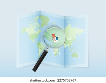 A folded world map with a magnifying lens pointing towards Serbia. Map and flag of Italy in loupe. Vector illustration in blue color tone.