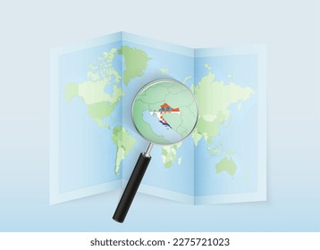 A folded world map with a magnifying lens pointing towards Croatia. Map and flag of Italy in loupe. Vector illustration in blue color tone.