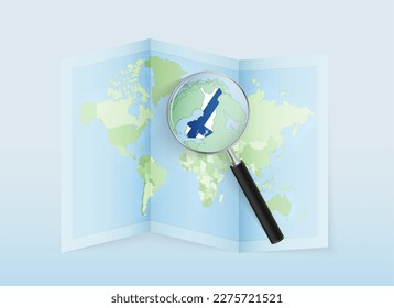 A folded world map with a magnifying lens pointing towards Finland. Map and flag of Italy in loupe. Vector illustration in blue color tone.