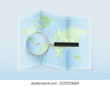 A folded world map with a magnifying lens pointing towards Panama. Map and flag of Italy in loupe. Vector illustration in blue color tone.