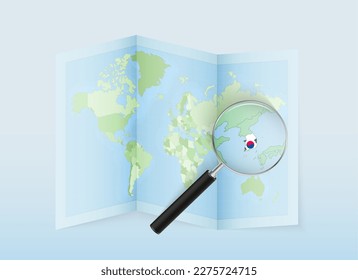 A folded world map with a magnifying lens pointing towards South Korea. Map and flag of Italy in loupe. Vector illustration in blue color tone.