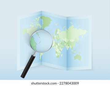 A folded world map with a magnifying lens pointing towards Dominica. Map and flag of Italy in loupe. Vector illustration in blue color tone.