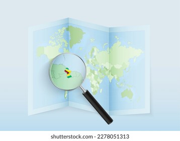 A folded world map with a magnifying lens pointing towards Guyana. Map and flag of Italy in loupe. Vector illustration in blue color tone.