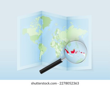 A folded world map with a magnifying lens pointing towards Indonesia. Map and flag of Italy in loupe. Vector illustration in blue color tone.