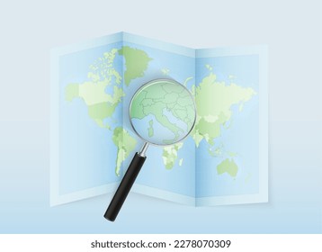 A folded world map with a magnifying lens pointing towards San Marino. Map and flag of Italy in loupe. Vector illustration in blue color tone.