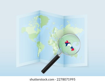 A folded world map with a magnifying lens pointing towards Laos. Map and flag of Italy in loupe. Vector illustration in blue color tone.