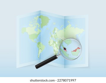 Un mapa del mundo doblado con una lente de aumento que apunta hacia Malasia. Mapa y bandera de Italia en lupa. Ilustración vectorial en tono de color azul.