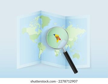 A folded world map with a magnifying lens pointing towards Moldova. Map and flag of Italy in loupe. Vector illustration in blue color tone.
