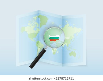 A folded world map with a magnifying lens pointing towards Bulgaria. Map and flag of Italy in loupe. Vector illustration in blue color tone.