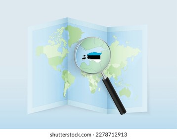 A folded world map with a magnifying lens pointing towards Estonia. Map and flag of Italy in loupe. Vector illustration in blue color tone.