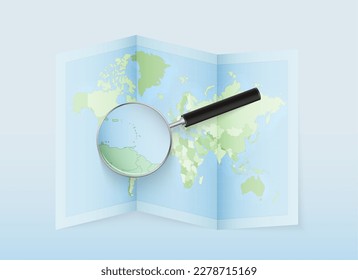 A folded world map with a magnifying lens pointing towards Grenada. Map and flag of Italy in loupe. Vector illustration in blue color tone.