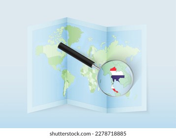A folded world map with a magnifying lens pointing towards Thailand. Map and flag of Italy in loupe. Vector illustration in blue color tone.