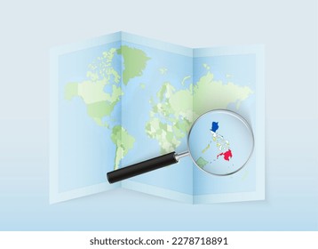 A folded world map with a magnifying lens pointing towards Philippines. Map and flag of Italy in loupe. Vector illustration in blue color tone.