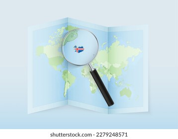 A folded world map with a magnifying lens pointing towards Iceland. Map and flag of Italy in loupe. Vector illustration in blue color tone.