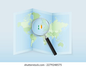 A folded world map with a magnifying lens pointing towards Ireland. Map and flag of Italy in loupe. Vector illustration in blue color tone.