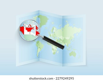 A folded world map with a magnifying lens pointing towards Canada. Map and flag of Italy in loupe. Vector illustration in blue color tone.