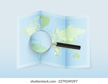 A folded world map with a magnifying lens pointing towards Saint Vincent and the Grenadines. Map and flag of Italy in loupe. Vector illustration in blue color tone.