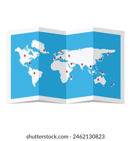 Mapa del mundo plegado con pines aislados sobre fondo blanco. Ilustración vectorial