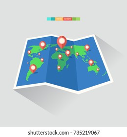 Folded world map with red pins. Around the world traveling concept. Vector illustration.