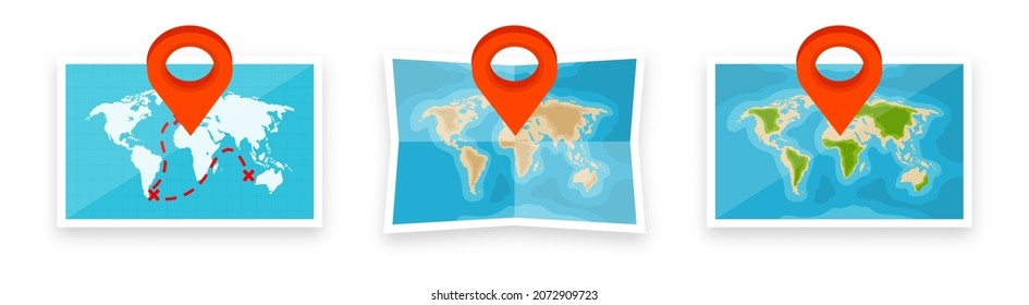 Folded World Maps In A Flat Style. Simplified Paper Map With Red Location Pin. Navigation, Route And Road Trip Planning. Travel And Accommodation. Vector Illustration.